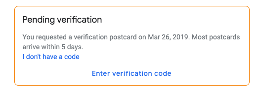 Google My Business screenshot of pending verification code notice