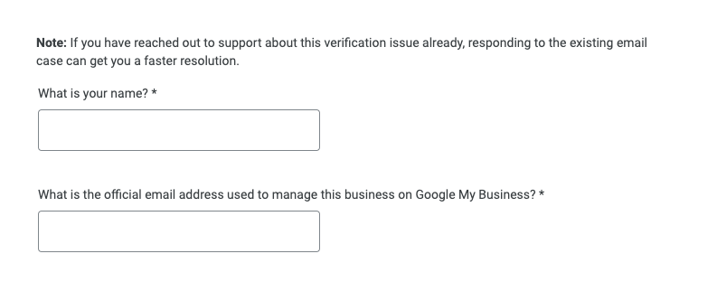 Google My Business screenshot of contact form 